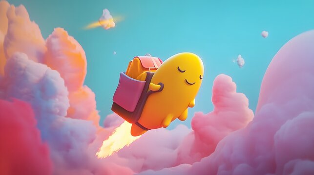 A cheerful creature carrying a backpack through pastel clouds.