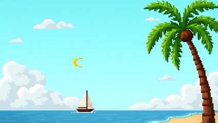 Obraz premium Pixel Art Tropical Scene with Palm Tree, Sailboat, and Crescent Moon Setting