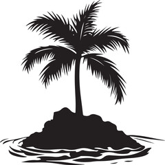 Island with Palm Tree Silhouette Vector Illustration on Transparent Background