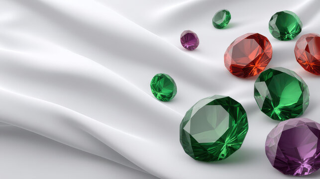 An array of colorful gemstones including green, red, and purple scatter across soft draped white silk fabric in a visually appealing arrangement and composition.