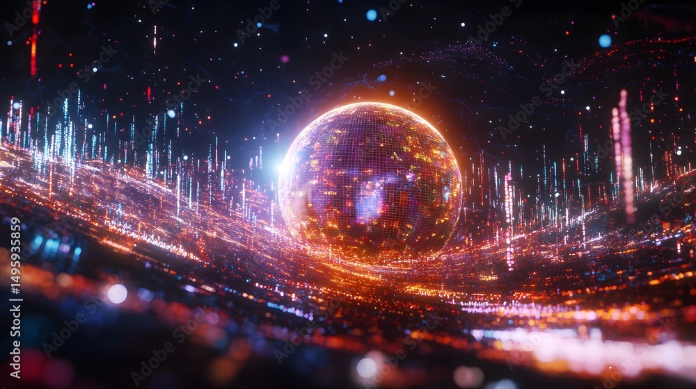 Poster glowing sphere surrounded by digital landscape with vertical lines and starry background view from b