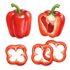 Watercolor Illustration of Red Bell Pepper Isolated on White Background
