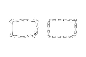 Two decorative frames outlines featuring a ribbon and a chain shape on white background