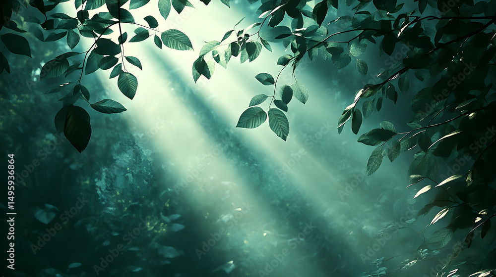 Poster sunlight filtering through leaves in a misty forest.