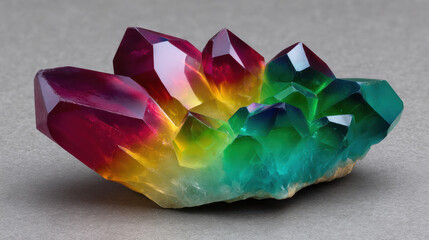 A vibrant cluster of rainbow quartz crystals exhibits a stunning gradient of color, from deep red to lush green, illuminated against a neutral gray background.
