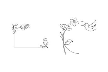 Obraz premium Elegant line art illustrations featuring floral frames and hummingbird in flight on white