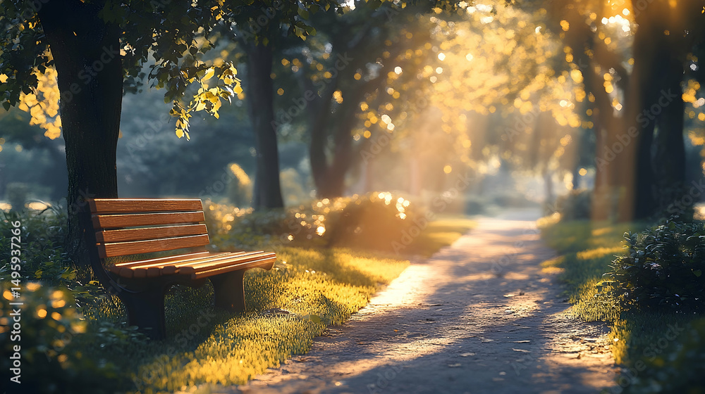 Poster sunlight streams down a park pathway lined with trees.