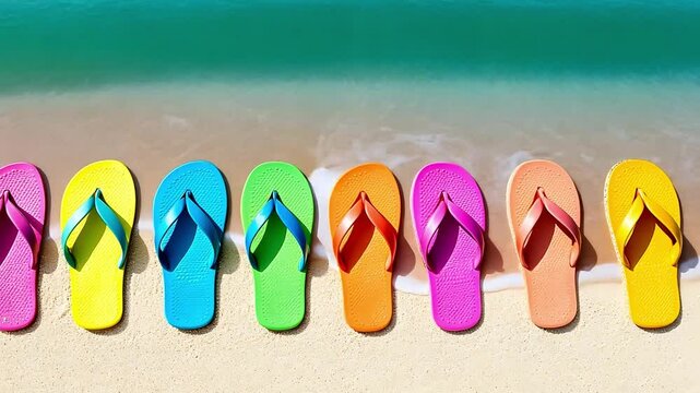 Colorful Flip Flops Lined Up on Sandy Beach with Gentle Waves and Clear Turquoise Water Background