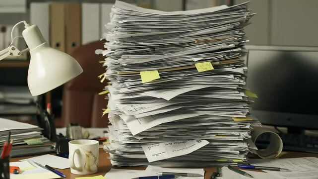 Large Stack of Papers Piled High on Office Desk with Workspace Background