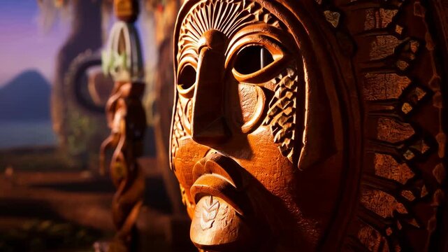 Close-up of carved wooden tribal mask with intricate details in a nature setting, showcasing culture and artistry