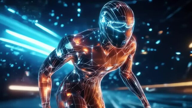 Futuristic Runner: Digital Athlete Sprinting Through Virtual Race Track Landscape