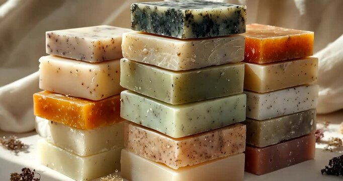 Stacks of colorful handmade soap bars, perfect for body care and relaxation. - Powered by Adobe
