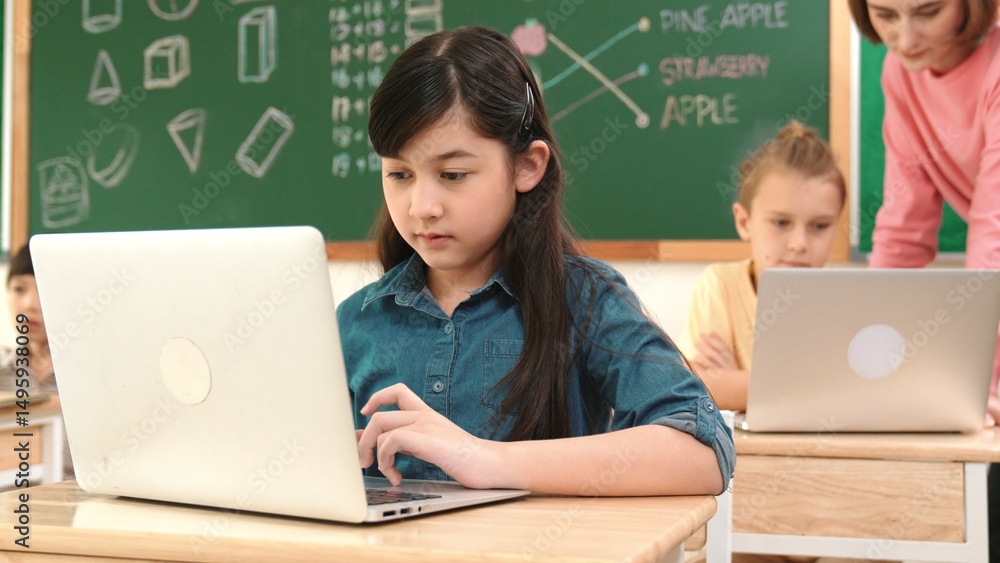 Poster cute girl looking at laptop screen while coding engineering prompt. multicultural student learning a