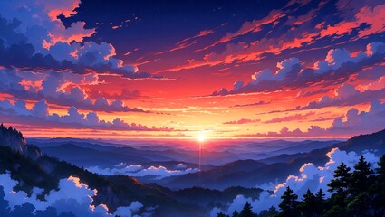 Fototapeta premium Epic anime sunset illustration in vibrant colors