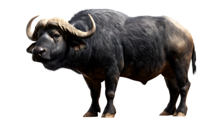 African buffalo side profile with shadows, isolated on transparent background