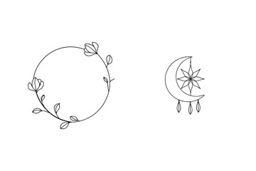 Elegant floral wreath with moon and star minimalist line art design elements