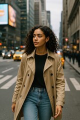Obraz premium Stylish woman walking through busy downtown street. AI-generated.
