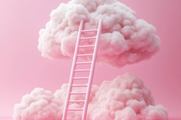 Pink clouds and a pastel ladder create a whimsical scene of dreams and aspirations in a surreal environment
