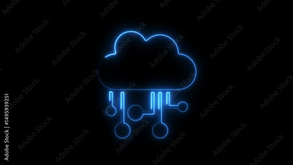 Aufkleber neon cloud computing symbol animation on black background representing digital connectivity