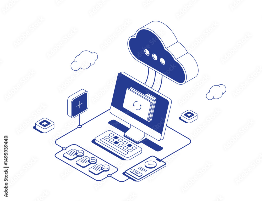 Poster file synchronization concept showing pc with folder icon, cloud service and mobile phone with checkm