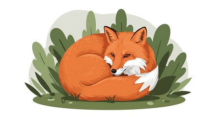 Resting Fox Curled Up in the Grass Illustration