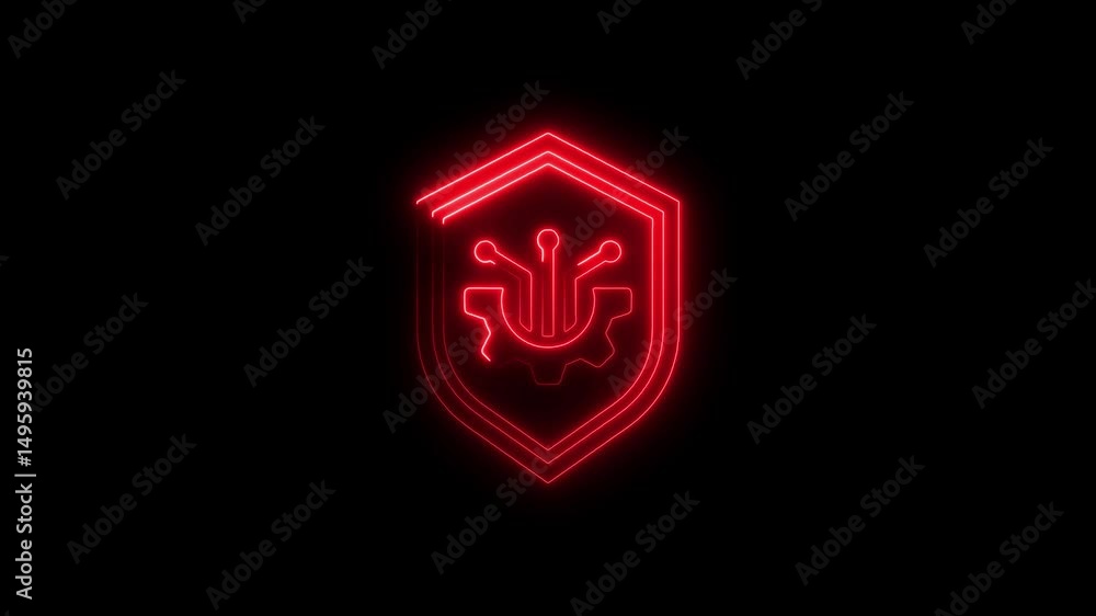 Poster glowing red tech security shield symbol with gears and circuitry on a black background