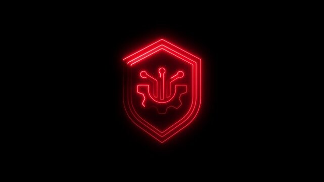Glowing red tech security shield symbol with gears and circuitry on a black background