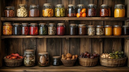 Rustic Wooden Pantry Shelves Filled with Glass Jars of Preserved Food and Produce