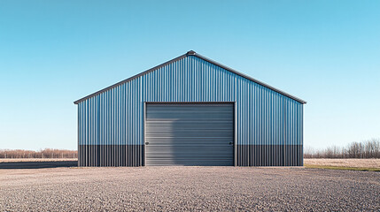 Modern blue metal barn building exterior architectural design in rural setting with gray roll up door.
