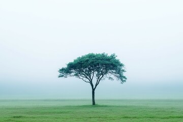 Fototapeta premium Single acacia tree standing alone in a vast open grassy field surrounded by soft morning fog and muted light, creating a peaceful minimalistic nature landscape composition