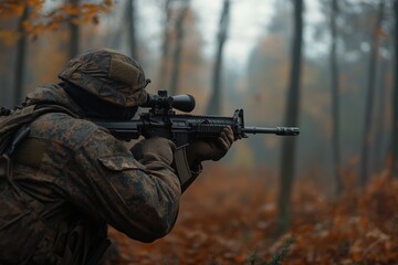 Fototapeta premium Forest Hunter's Precision: A Telescopic-Sighted Rifle in Action
