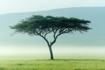 Obraz premium Single acacia tree standing alone in a vast open grassy field surrounded by soft morning fog and muted light, creating a peaceful minimalistic nature landscape composition