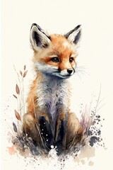 Young Fox Kit Sitting in Grass Artistic Painting