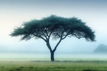 Obraz premium Single acacia tree standing alone in a vast open grassy field surrounded by soft morning fog and muted light, creating a peaceful minimalistic nature landscape composition