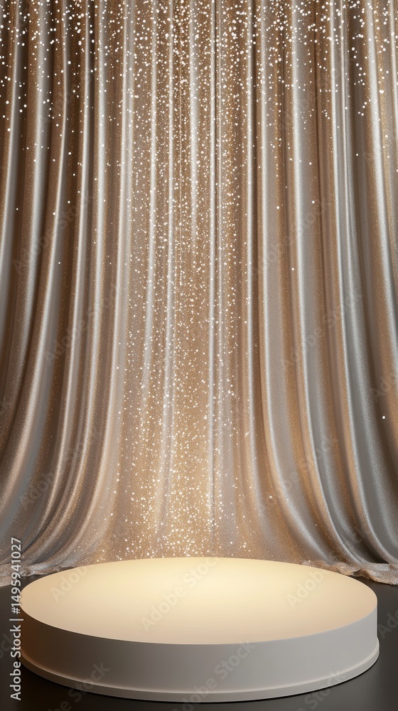 Poster soft golden light cascades from above a blank circular stage framed by luxurious curtains, creating 