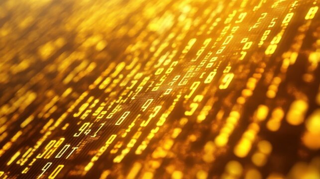 Golden Data Stream: Vibrant Yellow Binary Rain Symbolizing Virtual Code Transfer