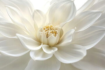 Fototapeta premium Delicate close-up view of a pristine white dahlia flower, highlighting its intricate petals and luminous texture