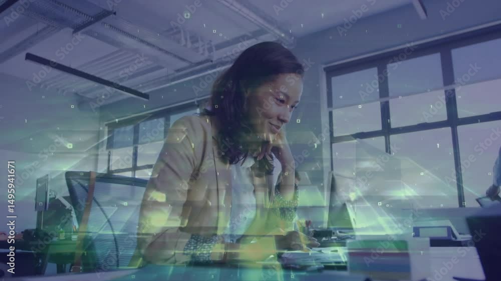 Poster woman in tan blazer picking up desk handset and initiating data-stream graphics while typing report