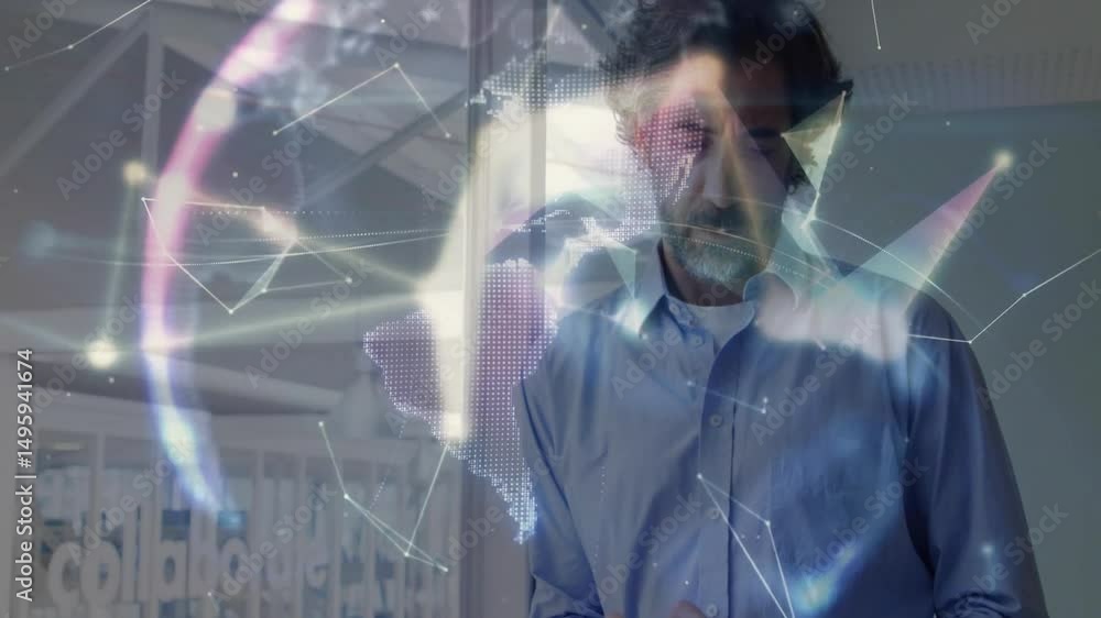 Poster man tapping tablet and unfolding nodes into rotating holographic globe visualizing tech in office