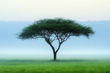 Obraz premium Single acacia tree standing alone in a vast open grassy field surrounded by soft morning fog and muted light, creating a peaceful minimalistic nature landscape composition