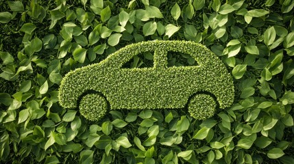 Creative representation of an eco-friendly vehicle made from lush green foliage on a bed of vibrant leaves in a natural setting
