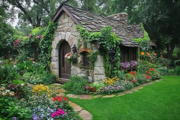 Charming Floral Wall Garden: Back and Front Yard Oasis with Lush Green Lawn and Vibrant Blooms
