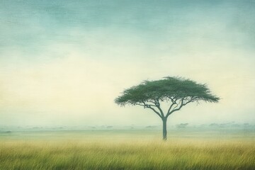 Fototapeta premium Single acacia tree standing alone in a vast open grassy field surrounded by soft morning fog and muted light, creating a peaceful minimalistic nature landscape composition