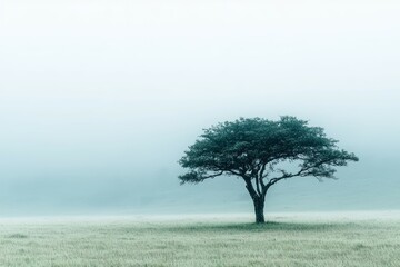 Single acacia tree standing alone in a vast open grassy field surrounded by soft morning fog and muted light, creating a peaceful minimalistic nature landscape composition
