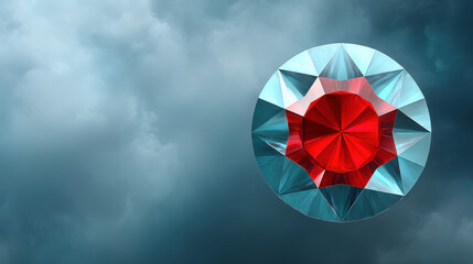 Fototapeta premium A gleaming red and blue gemstone floats against a dramatic cloudy sky, creating a mesmerizing contrast between nature's force and refined beauty and elegance.