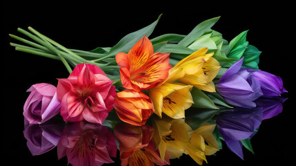 Fototapeta premium A vibrant array of colorful alstroemeria flowers, including pink, orange, yellow, green, and purple hues, are artfully arranged on a reflective black surface.