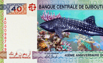 40 Djibouti francs with a portrait of a whale shark and bright coral reefs. Commemorative banknote of 40 years of independence of Djibouti. Djibouti money.