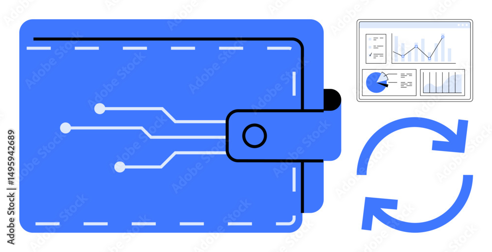Poster blue wallet with electronic circuit pattern, financial charts, and circular arrows representing upda
