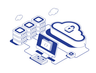 Secure cloud backup system with PC, server racks and data recovery concept showing file restoration through connected data flows in isometric line contour vector illustration.