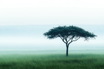 Obraz premium Single acacia tree standing alone in a vast open grassy field surrounded by soft morning fog and muted light, creating a peaceful minimalistic nature landscape composition